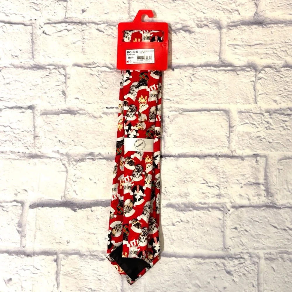 Bespoke Christmas Cats Holiday Tie Red Tie with Kitties Wearing Santa Hats NWT